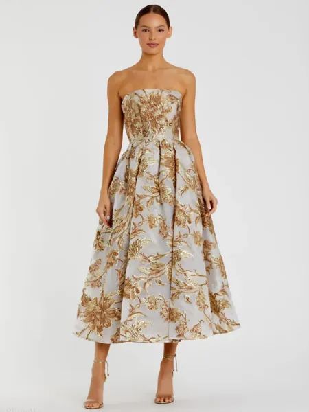 Gold Strapless Brocade Midi Dress with Pockets